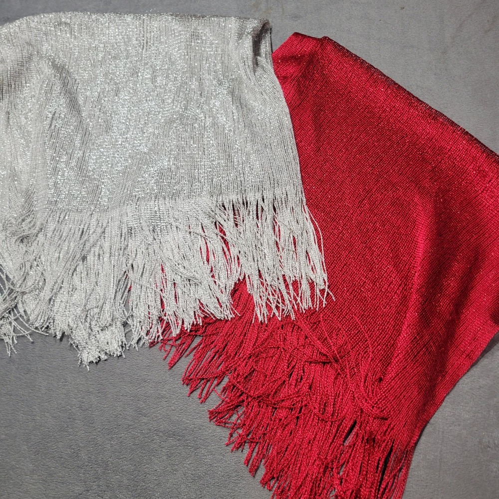 Cato Wrap Scarf Womens One Size Red Silver Metallic‎ Fringe Shawl Set 2 Evening